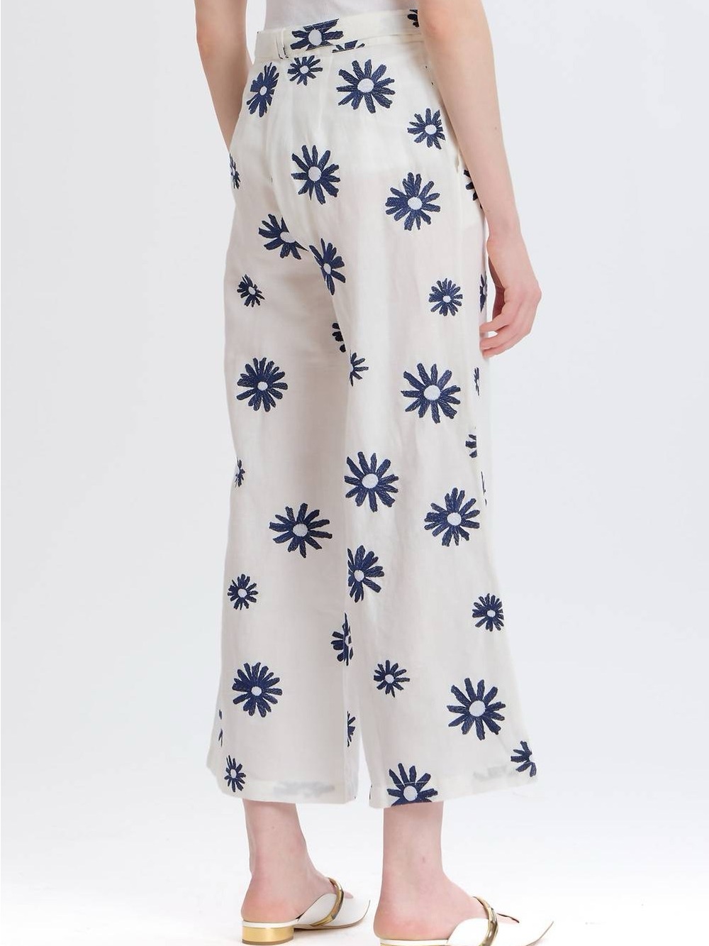 Something Navy White Linen Pants with Navy Daisy Embroidery